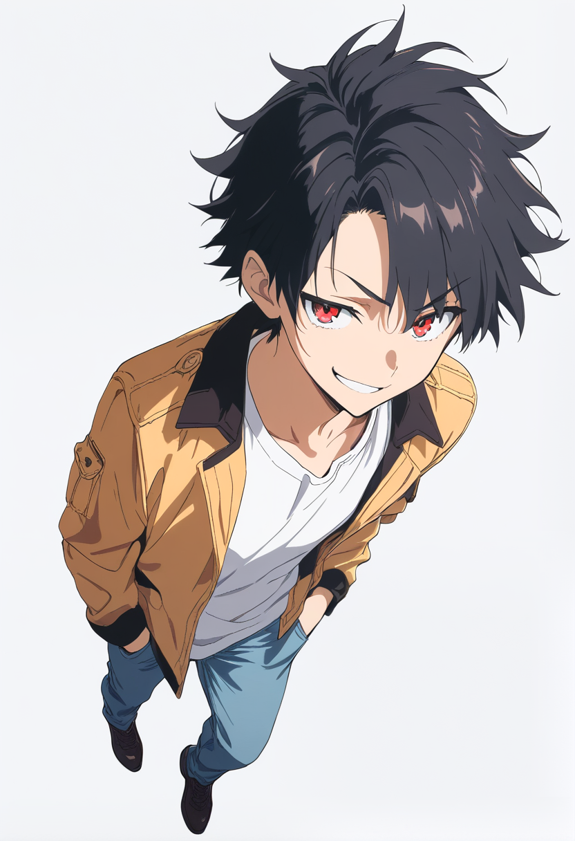 Anime-Kolorierung, stacheliges schwarzes Haar, rote Augen, offene Jacke, weißes T-Shirt, Jeans, Hände in Taschen, selbstbewusstes Grinsen