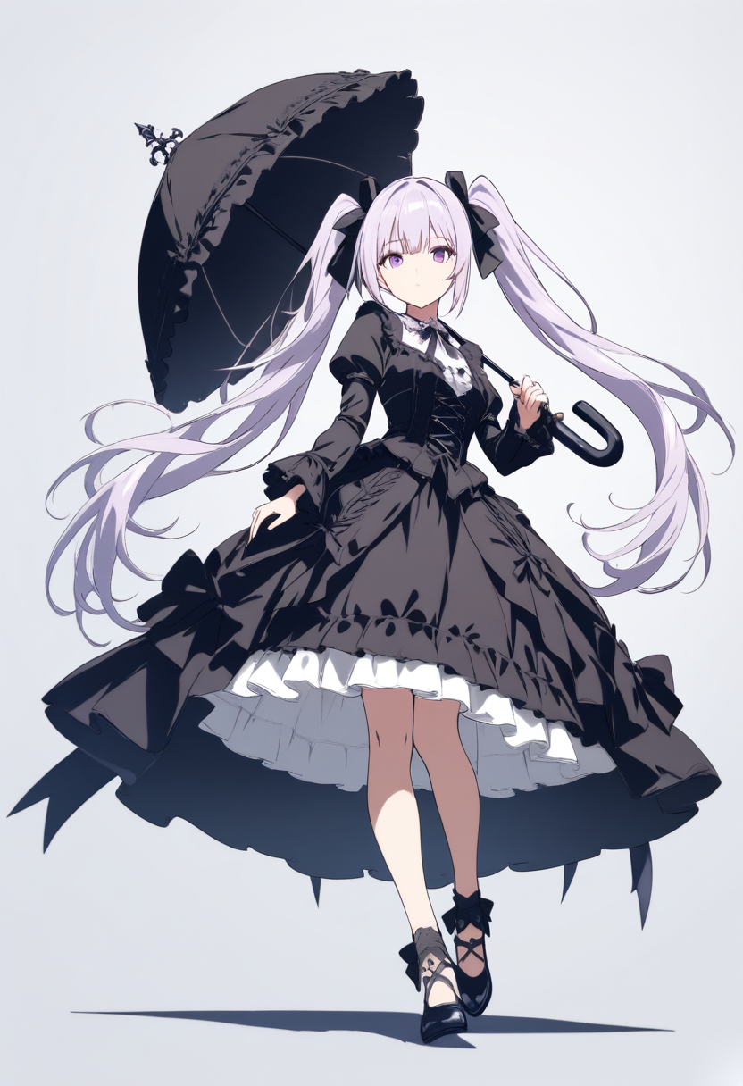 Anime-Kolorierung, silberne Zwillingszöpfe, lila Augen, Gothic Lolita Kleid, schwarze Schleifen, Sonnenschirm haltend, elegante Pose