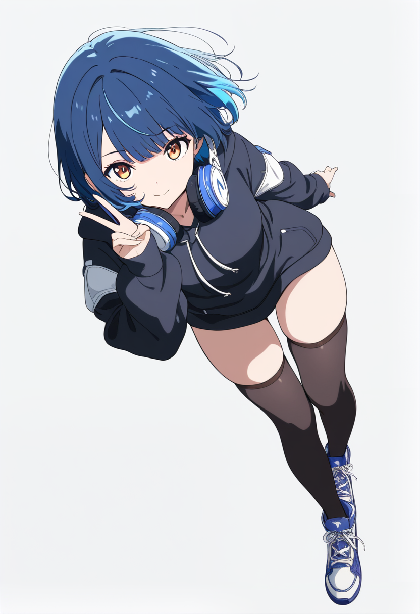 Anime-Kolorierung, kurzer blauer Bob-Schnitt, bernsteinfarbene Augen, übergroßer Hoodie, Oberschenkelstrümpfe, Kopfhörer um Hals, Peace-Zeichen
