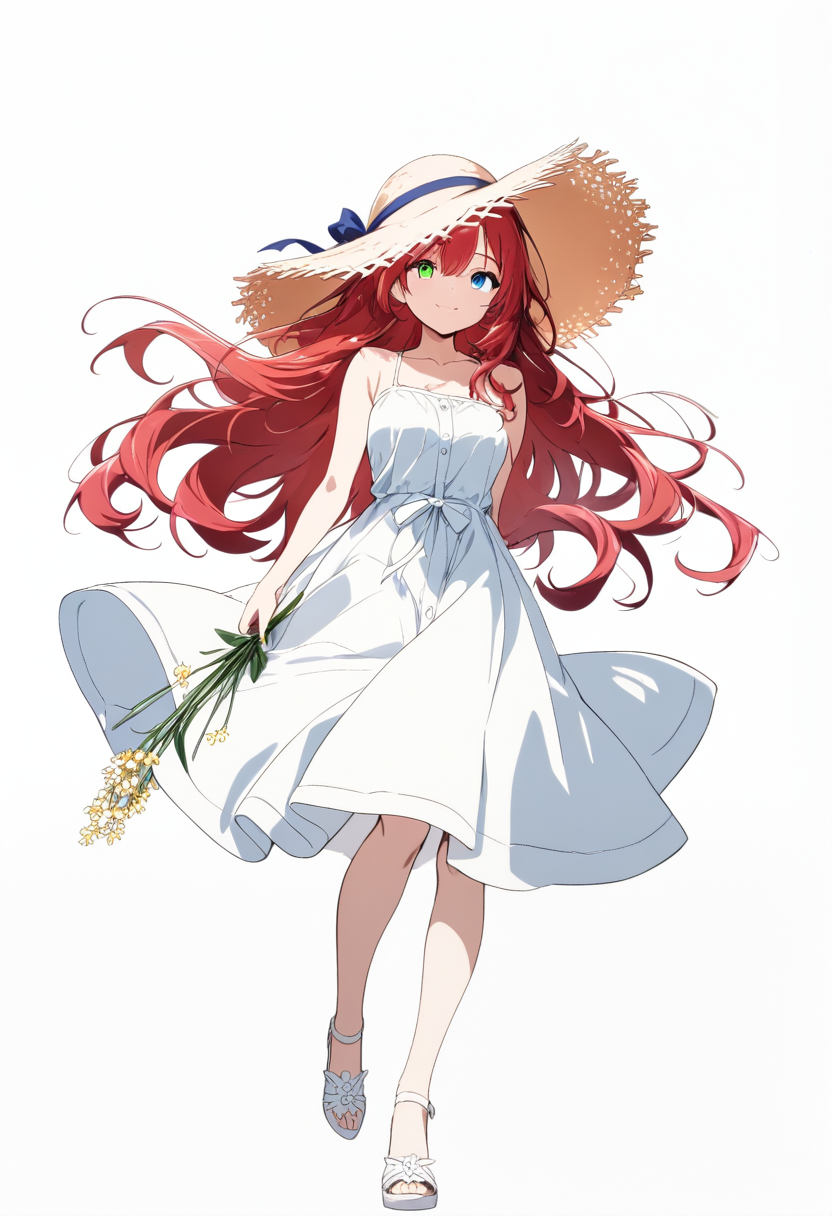 Anime-Kolorierung, welliges rotes Haar, Heterochromie, ein blaues Auge ein grünes Auge, Sommerkleid, Strohhut, Blumen haltend, sanftes Lächeln