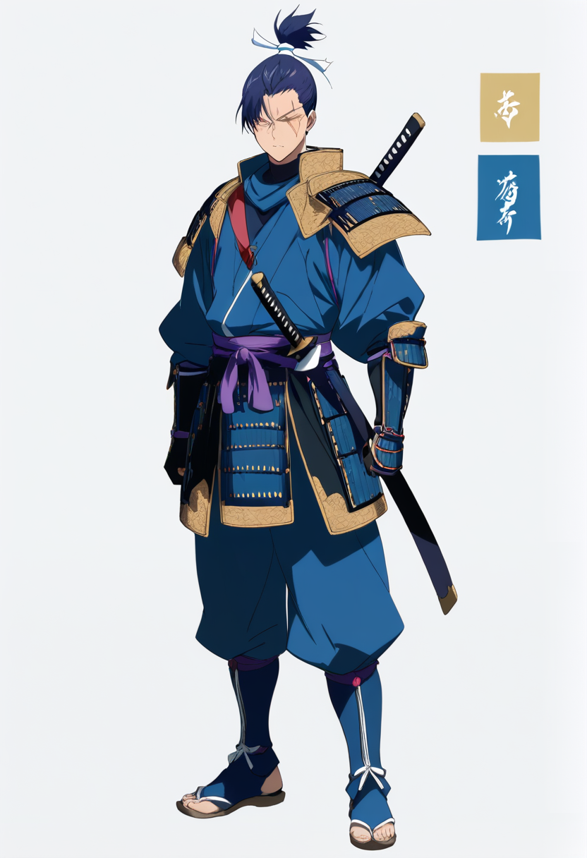 Anime coloring, character design, character sheet, shaved sides, blue top knot, scar over eye, samurai armor, nodachi on back, battle-worn