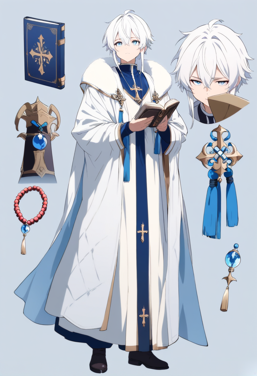 Anime coloring, character design, character sheet, fluffy white hair, gentle blue eyes, priest robes, holy book, prayer beads, benevolent expression