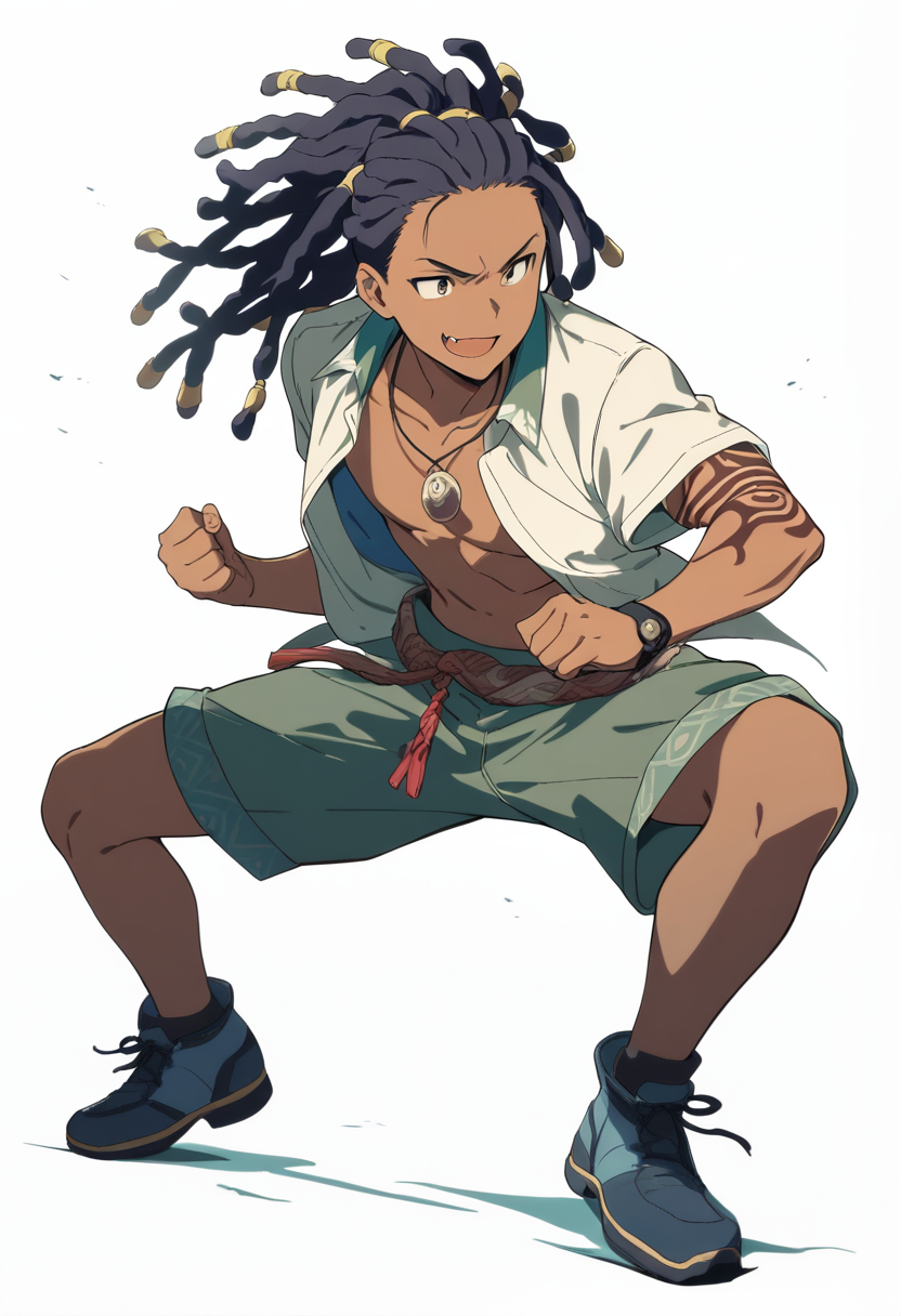 Anime coloring, dreadlocks, dark skin, tribal tattoos, open shirt, necklace with fang pendant, relaxed stance, easygoing smile