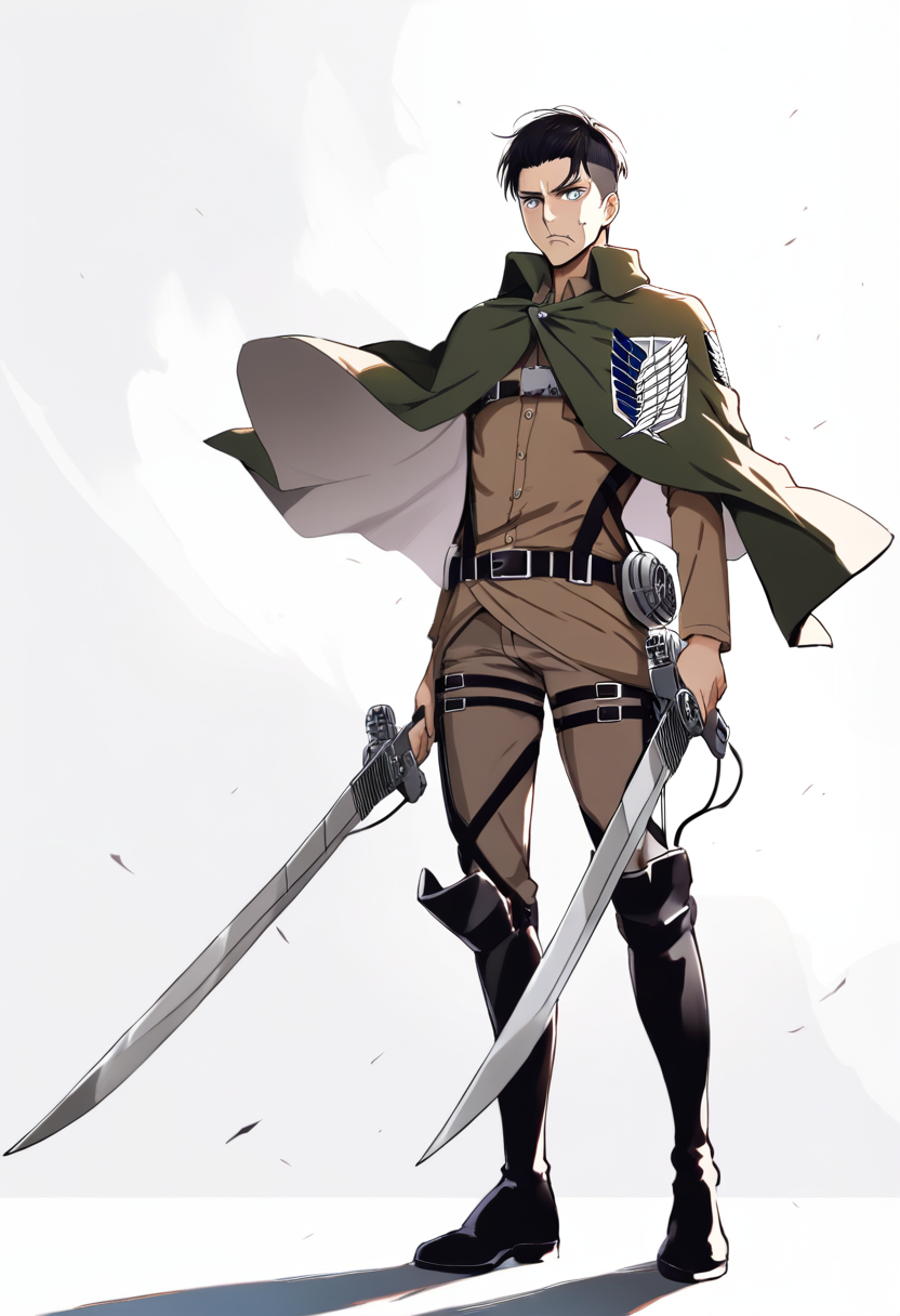 Un soldat chauve musclé en uniforme militaire beige avec brassard rouge, salut du poing, bottes noires, expression sévère