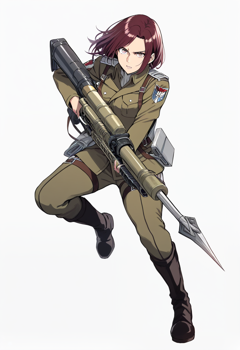 Une femme soldat aux cheveux rouges en couettes et lunettes sur la tête, veste marron du Bataillon d'exploration, équipement tridimensionnel, tendant le bras en avant