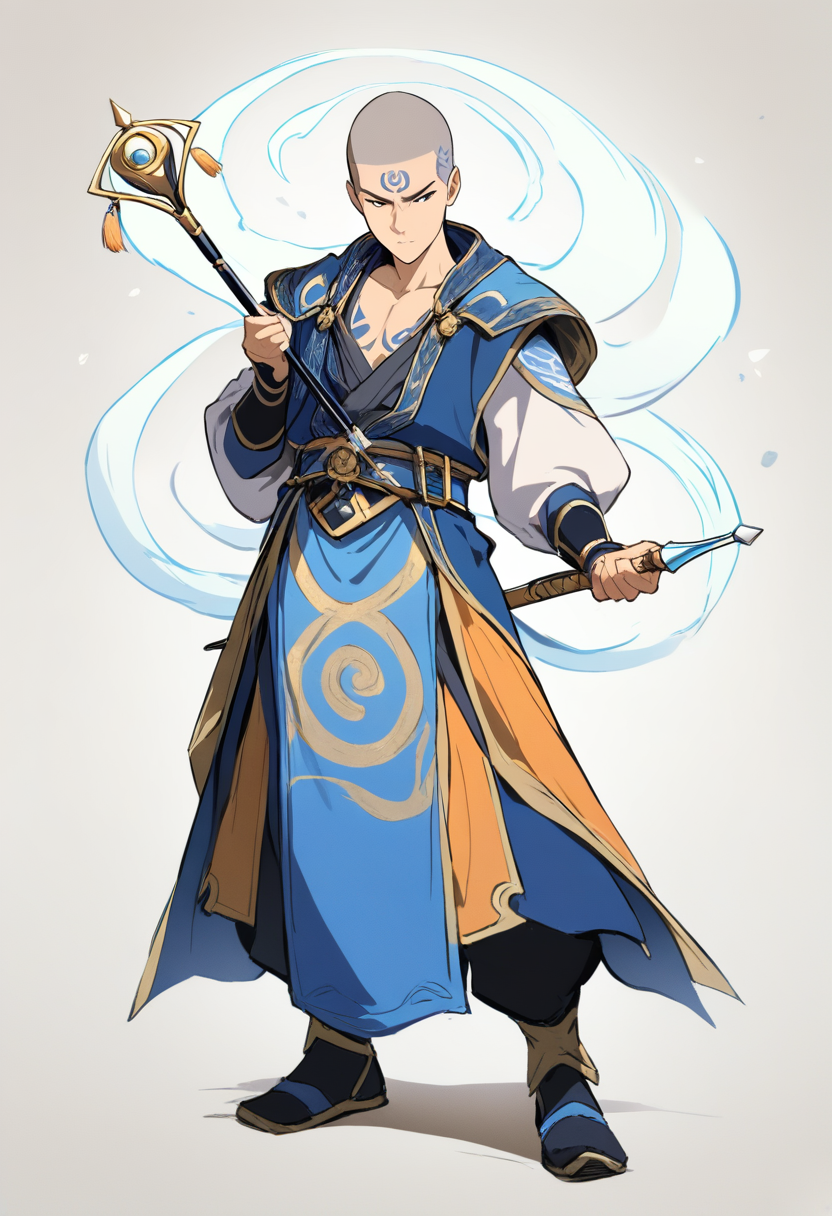 Avatar the last airbender style, shaved head with arrow tattoo, air nomad robes, orange and yellow, staff in hand, airbending spiral, peaceful expression