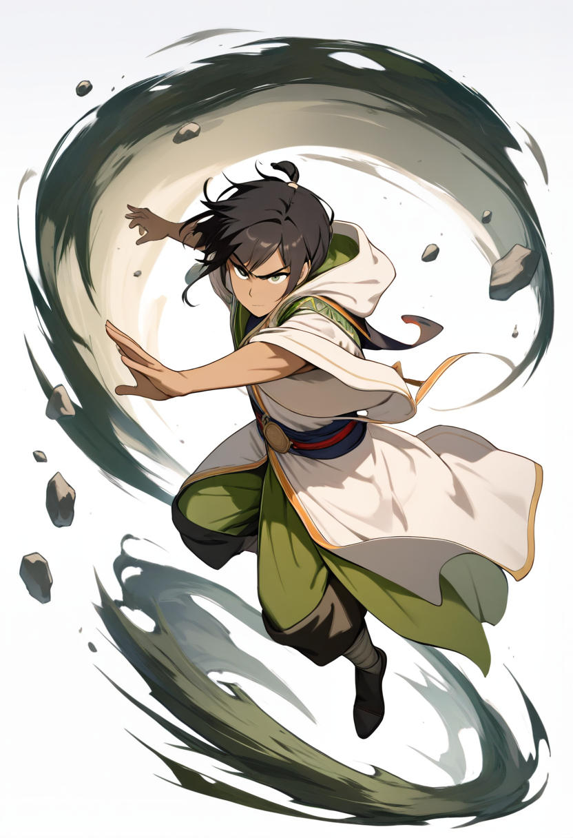 Avatar the last airbender style, muscular build, earth kingdom robes, green and tan, earthbending stance, rocks floating, stoic expression