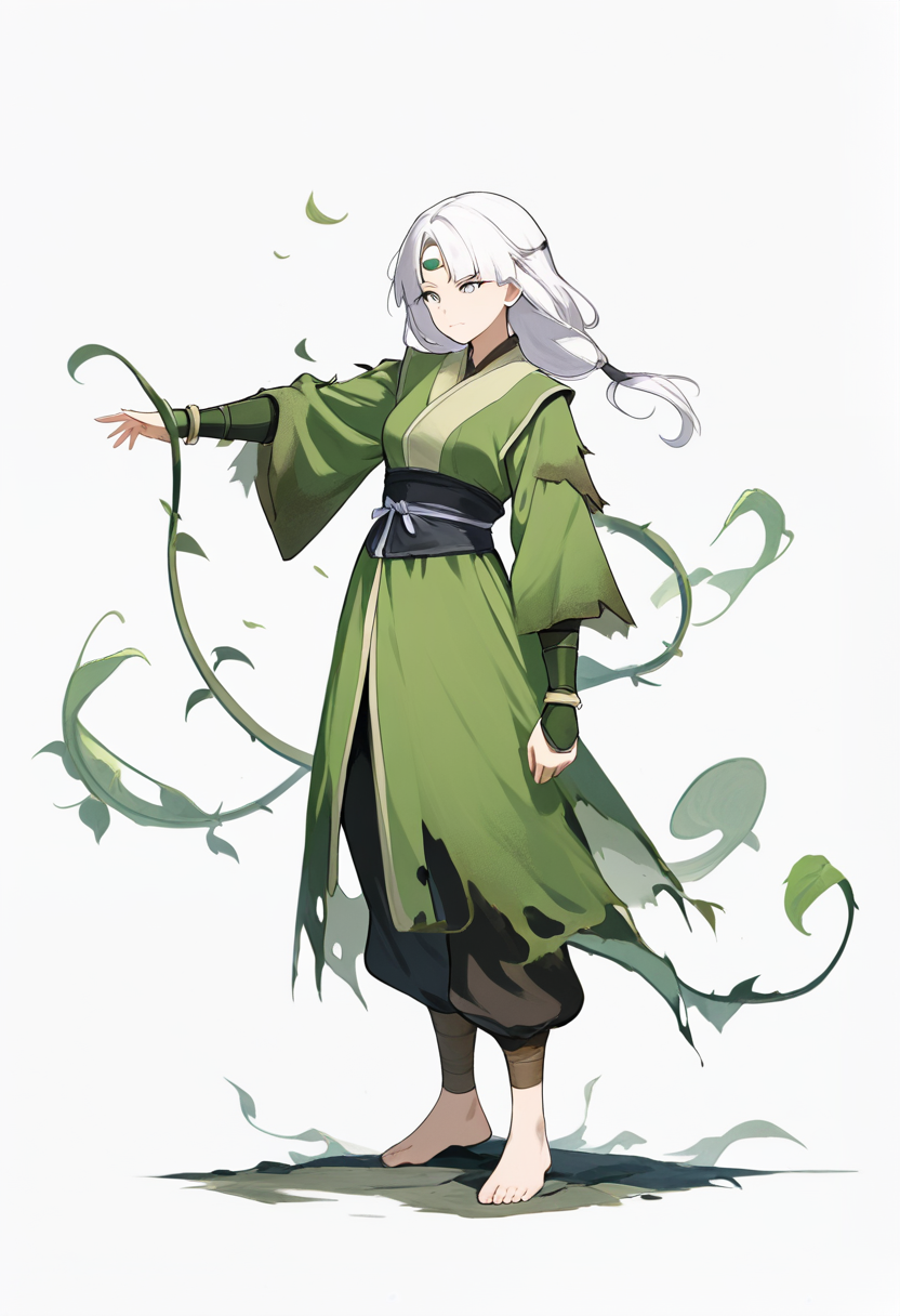 Avatar the last airbender style, white hair, swamp waterbender, tattered green robes, vine manipulation, barefoot, wild expression