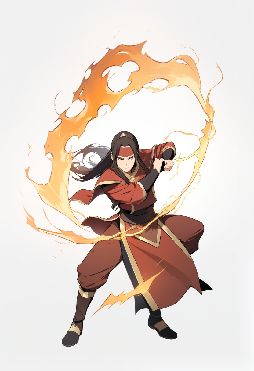Avatar the last airbender style, long dark hair, fire nation noble robes, gold trim, lightning bending pose, electricity crackling, calm focus