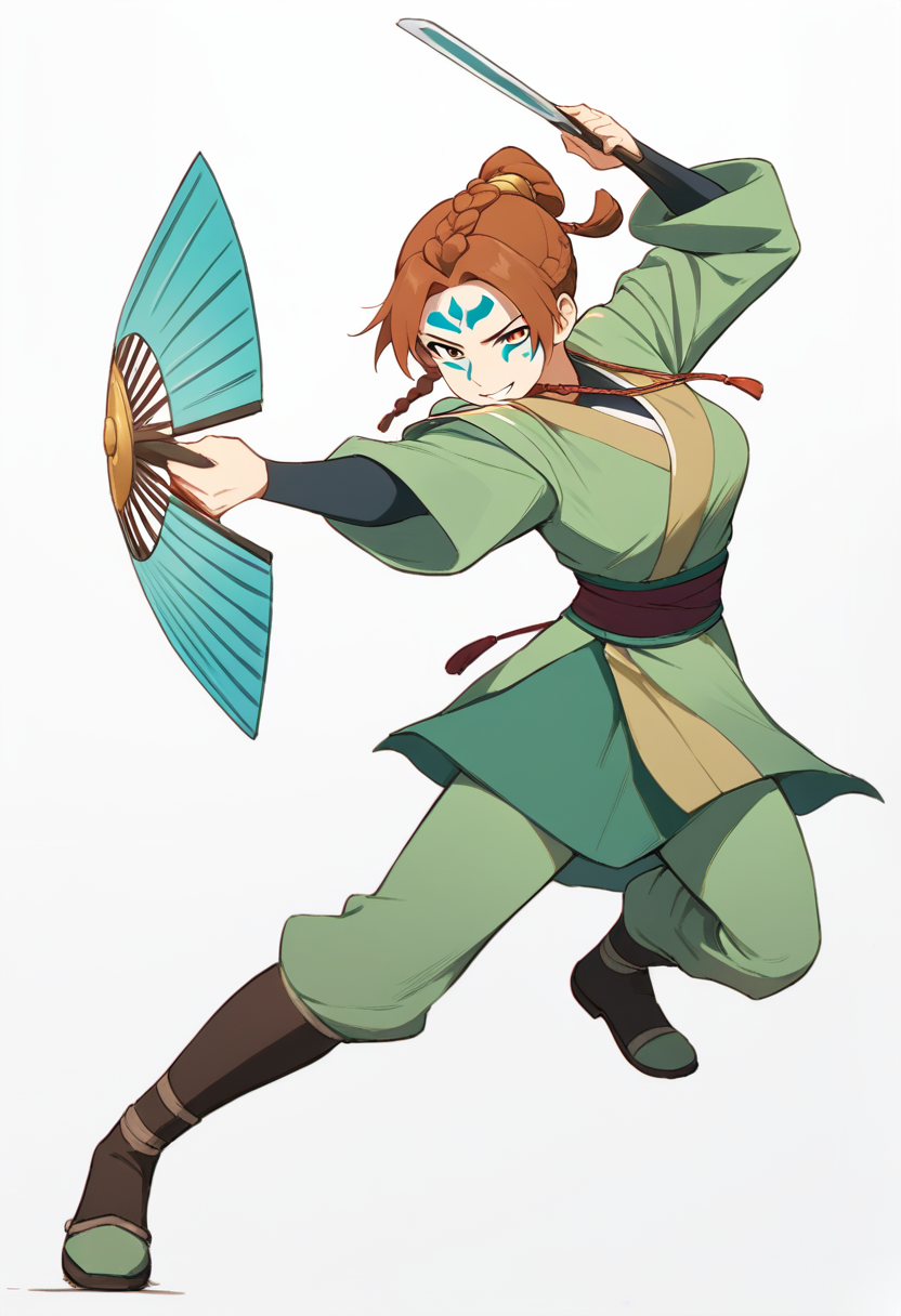 Avatar the last airbender style, braided auburn hair, kyoshi warrior, green kimono dress, face paint, holding metal fans, battle ready stance