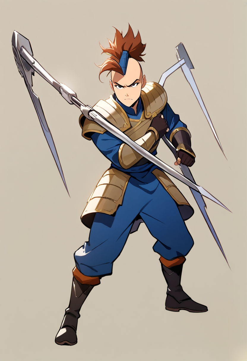 Avatar the last airbender style, mohawk hairstyle, earth kingdom soldier, metalbender, metal armor plates, bending metal cables, determined expression