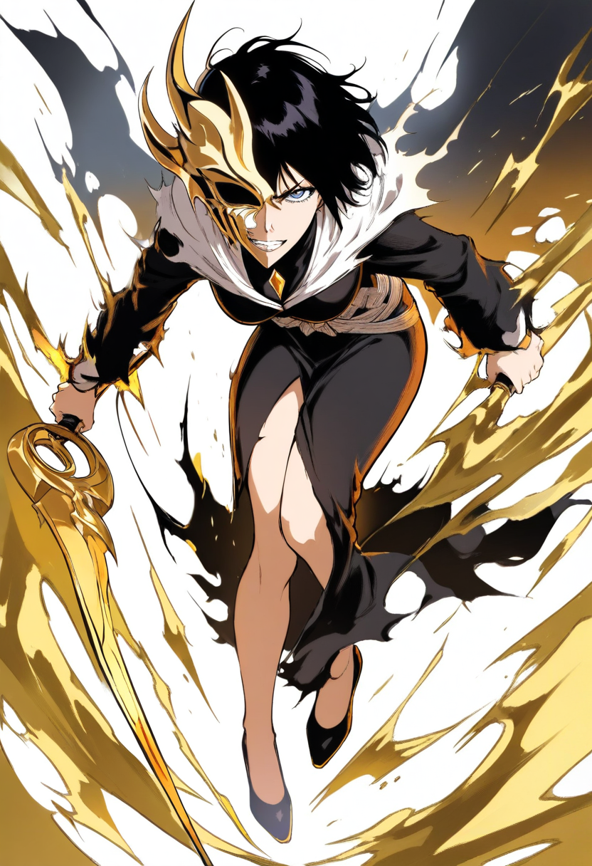 Bleach style, visored, short black hair with gold streak, one eye with hollow golden iris, half hollow mask forming on face, shihakusho with hollowfied reiatsu aura, zanpakuto gripped tightly, struggling intense expression