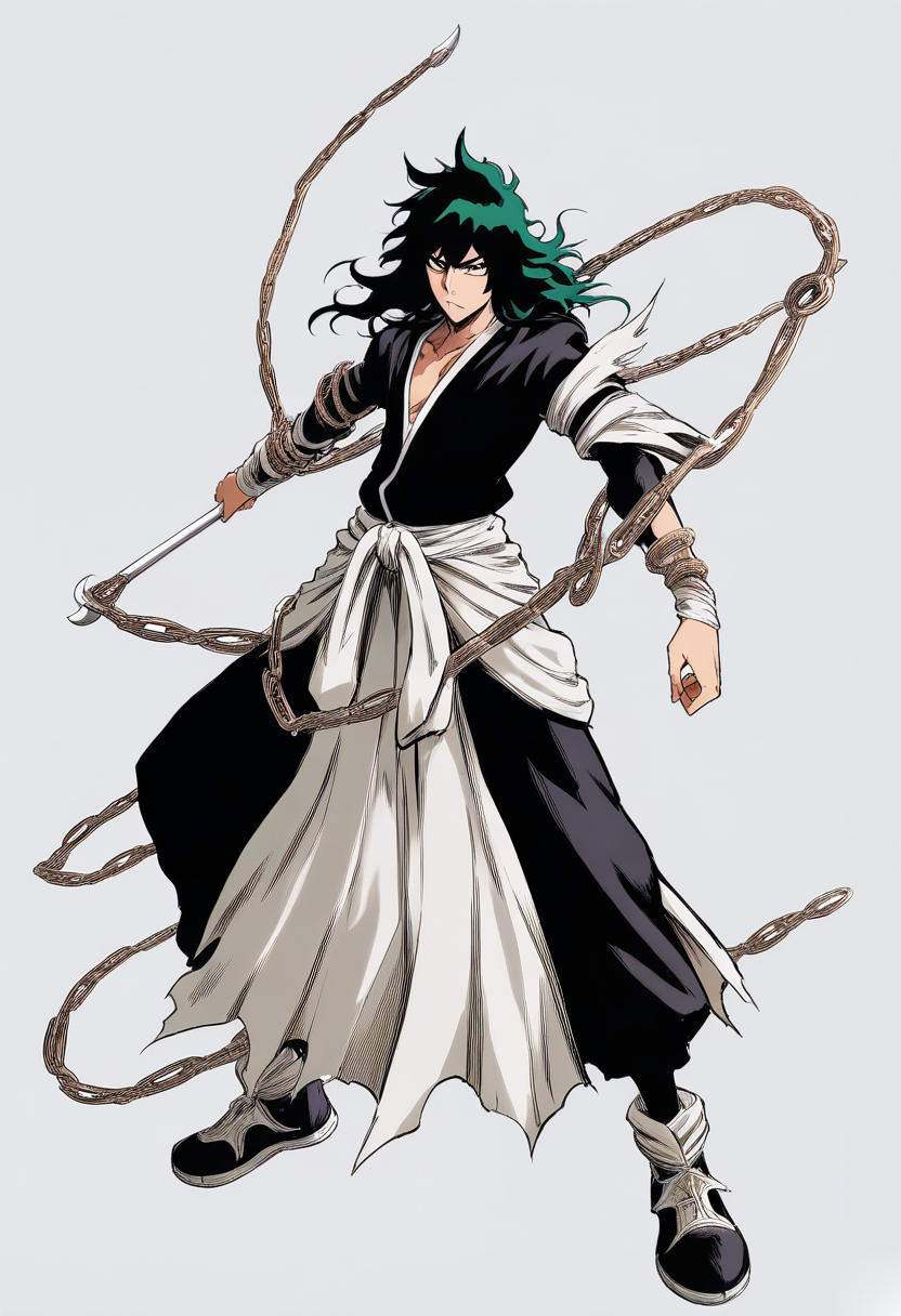 Bleach style, shinigami, tall lanky build, messy dark green hair, lazy half-lidded brown eyes, shihakusho worn loosely, zanpakuto as a kusarigama chain weapon wrapped around arm, relaxed nonchalant pose