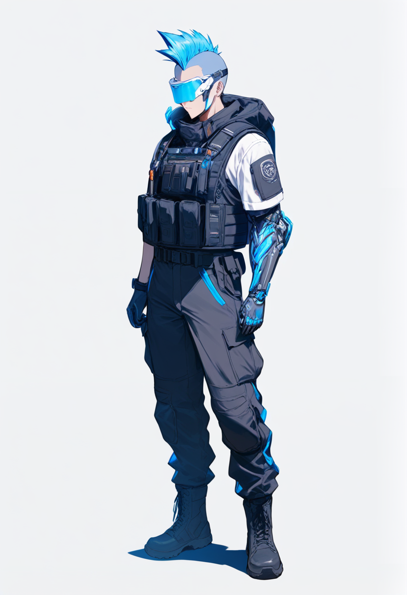 Sci-fi, cybernetic arm, maikli na mohawk, neon asul na buhok, visor, tactical vest, cargo pants, combat boots, nakatayo nang tuwid