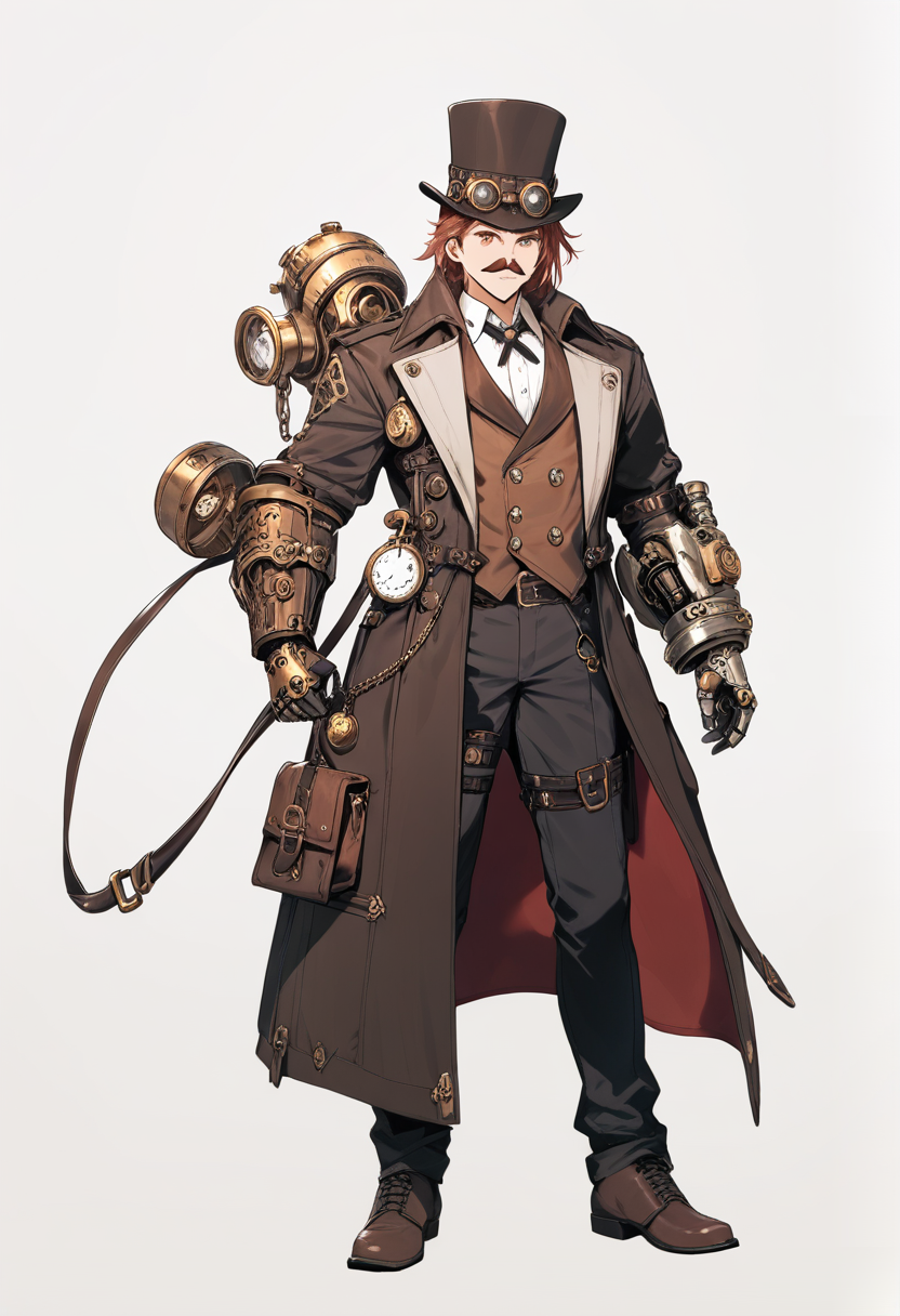 Steampunk, top hat, goggles sa noo, auburn hair, bigote, vest na may pocket watch, mechanical gauntlet, mahabang coat