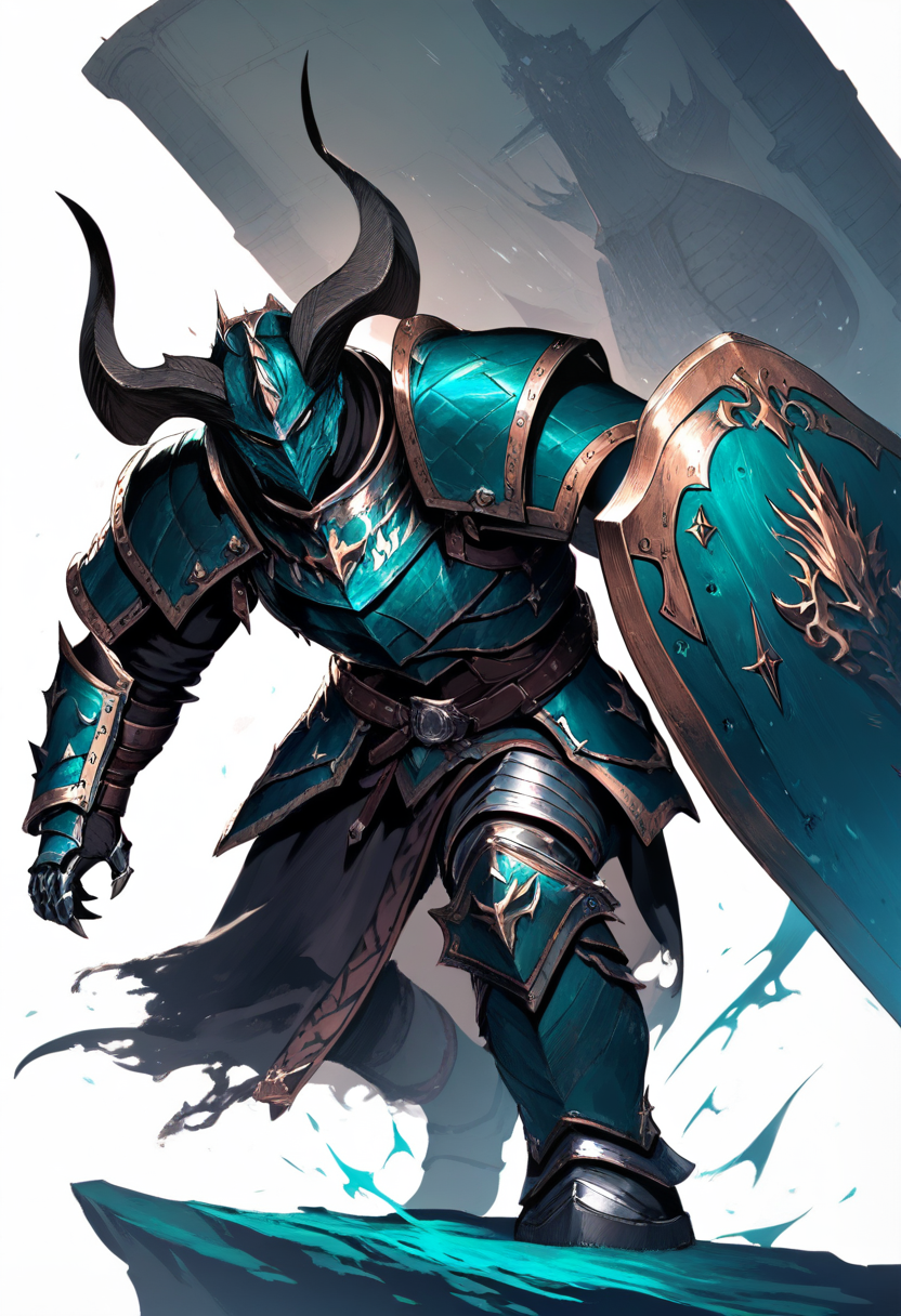 Fantasy, dragonborn, mga sungay, scaled skin, kulay teal, mabigat na plate armor, tower shield, warhammer, imposing stance