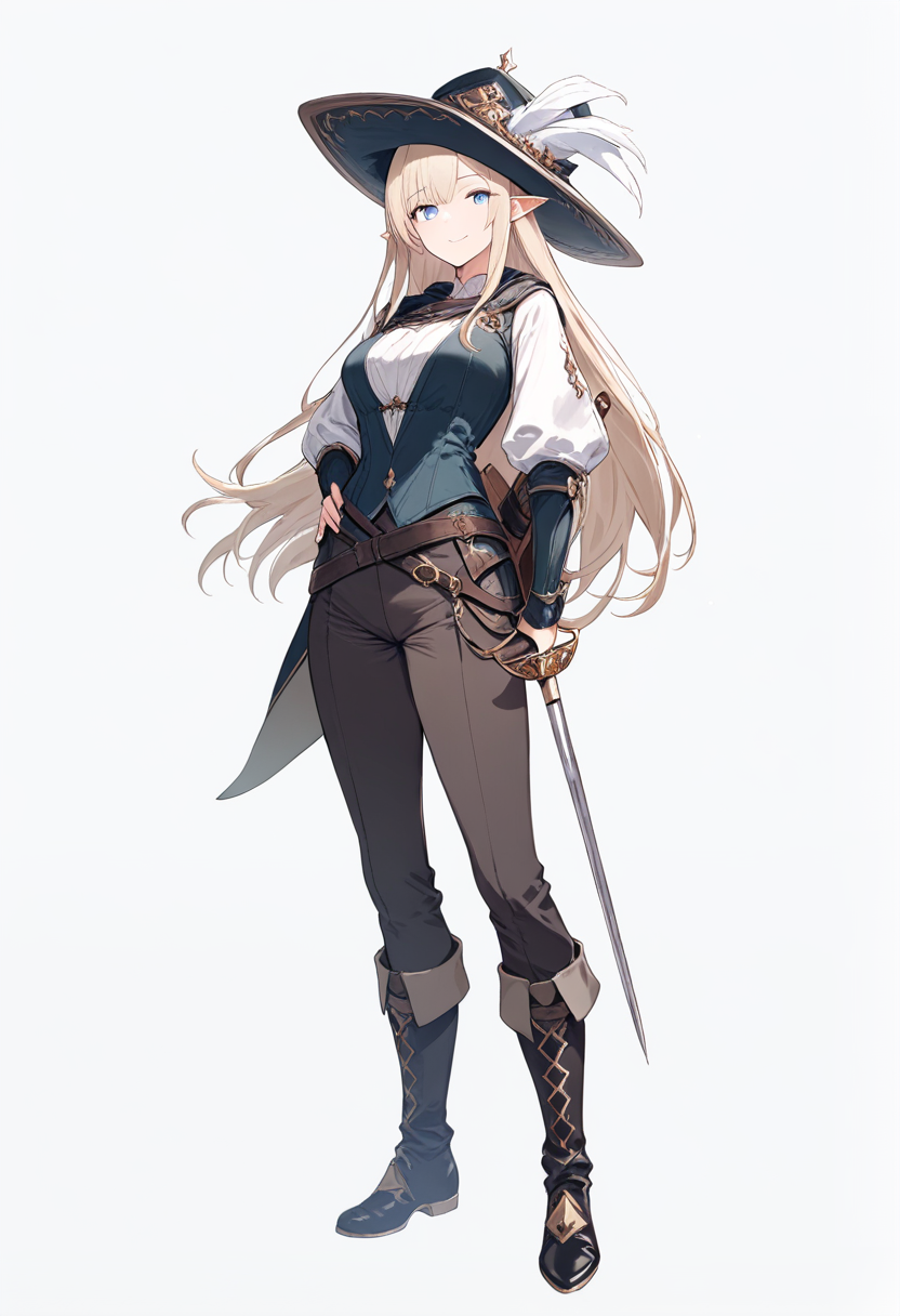 Fantasy, half-elf, mahabang blonde hair, asul na mata, bard outfit, feathered hat, lute sa likod, rapier sa tagiliran, nakaakit na ngiti