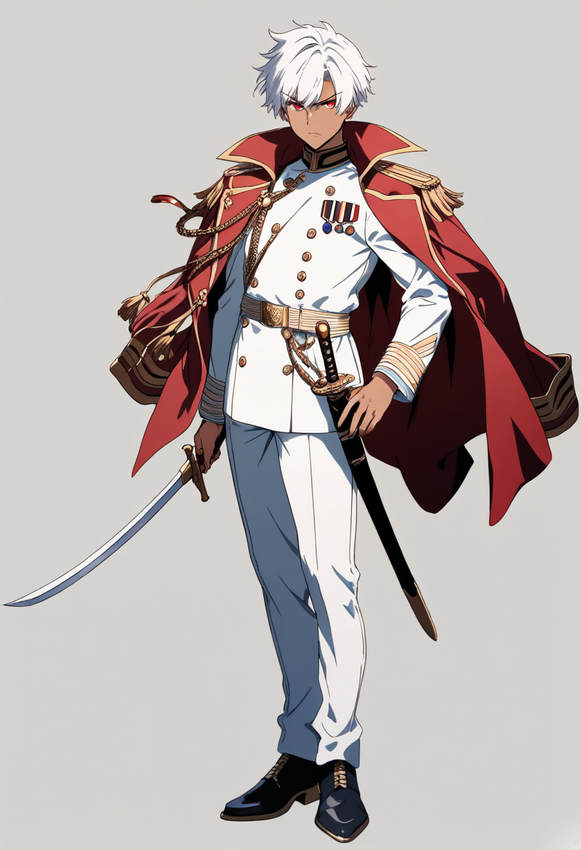 Anime coloring, maitim na balat, maikli na puting buhok, pula na mata, military uniform, mga medalya, espada sa gilid, walang emosyong ekspresyon