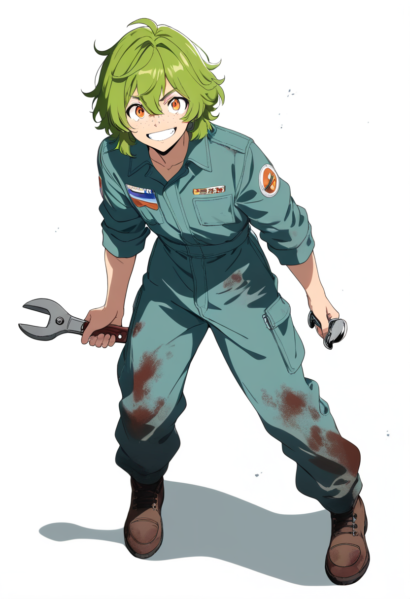 Anime coloring, magulo na luntian na buhok, mga peklat, orange na mata, mechanic jumpsuit, wrench sa kamay, mantsa ng langis, masayang ngiti