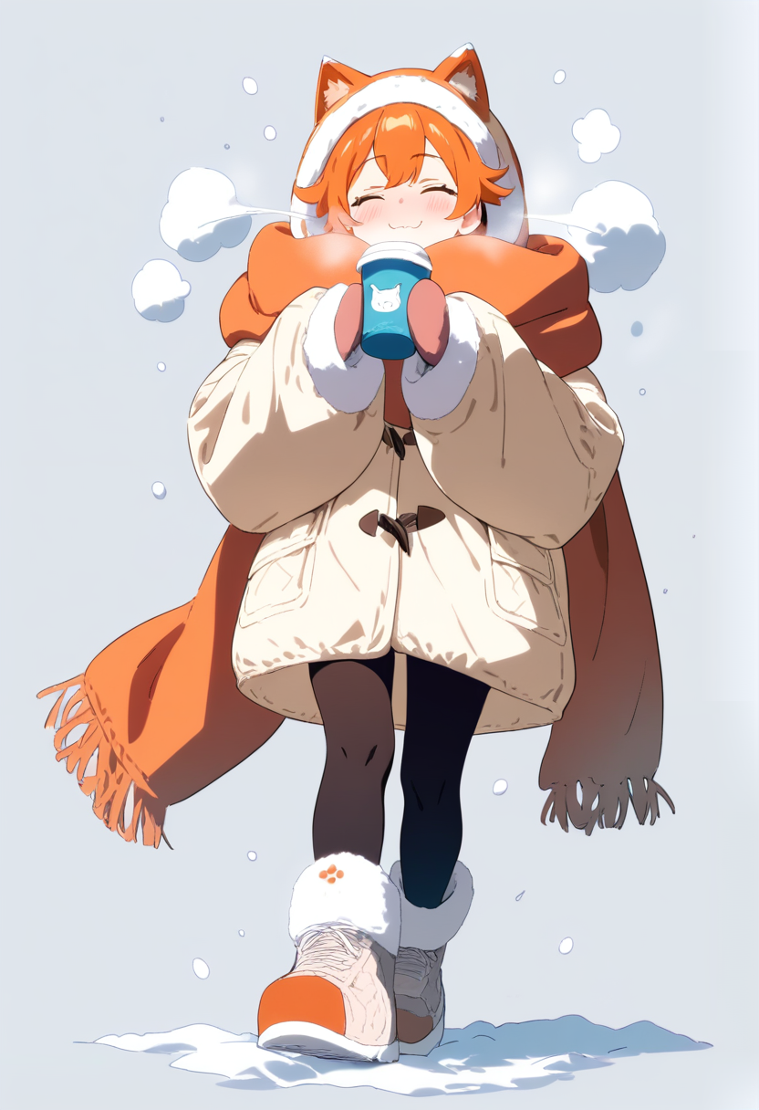 Anime coloring, malambot na orange na buhok, ngiting parang pusa, oversized scarf, winter coat, mittens, hawak ang mainit na inumin, mainit na ekspresyon
