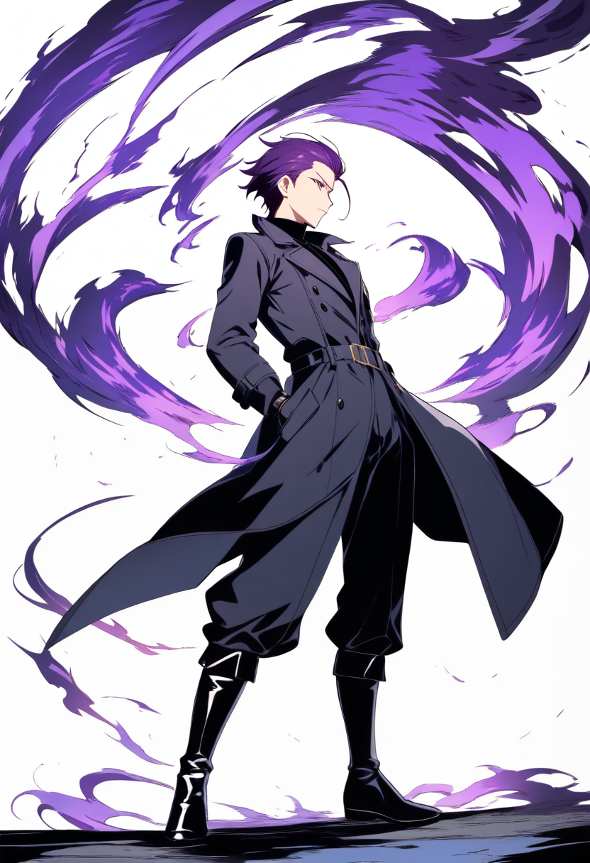 Anime coloring, nakasuklay paatras na lila na buhok, matalim na mukha, itim na turtleneck, mahabang trench coat, gloves, misteryosong aura
