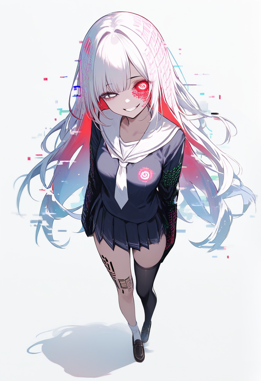 Creepypasta, glitch girl, pixelated skin patches, one eye glowing red, static effect on hair, corrupted school uniform, binary code tattoos on arms, unsettling smile