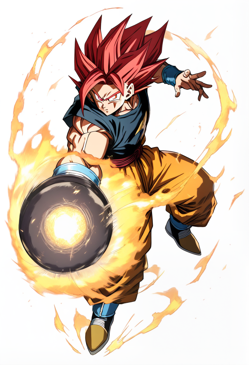 Isang mandirigma na may matangkad na matulis na itim na buhok, puti-at-asul na saiyan battle armor na may shoulder pads, asul na bodysuit, magkrus na mga braso