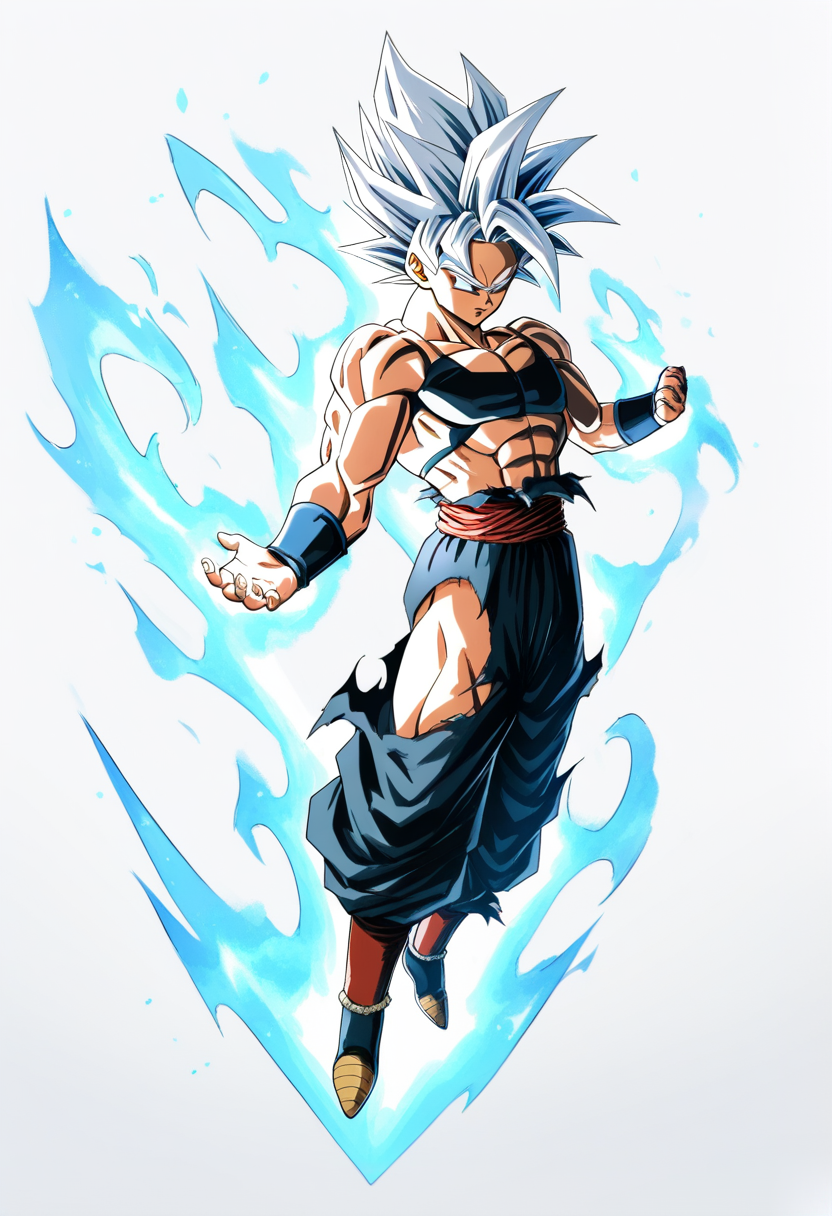 Isang namekian warrior na may berdeng balat, mga antena, puting turban at kapa sa ibabaw ng lilang gi, asul na sinturon, seryosong magkrus na mga braso na pose