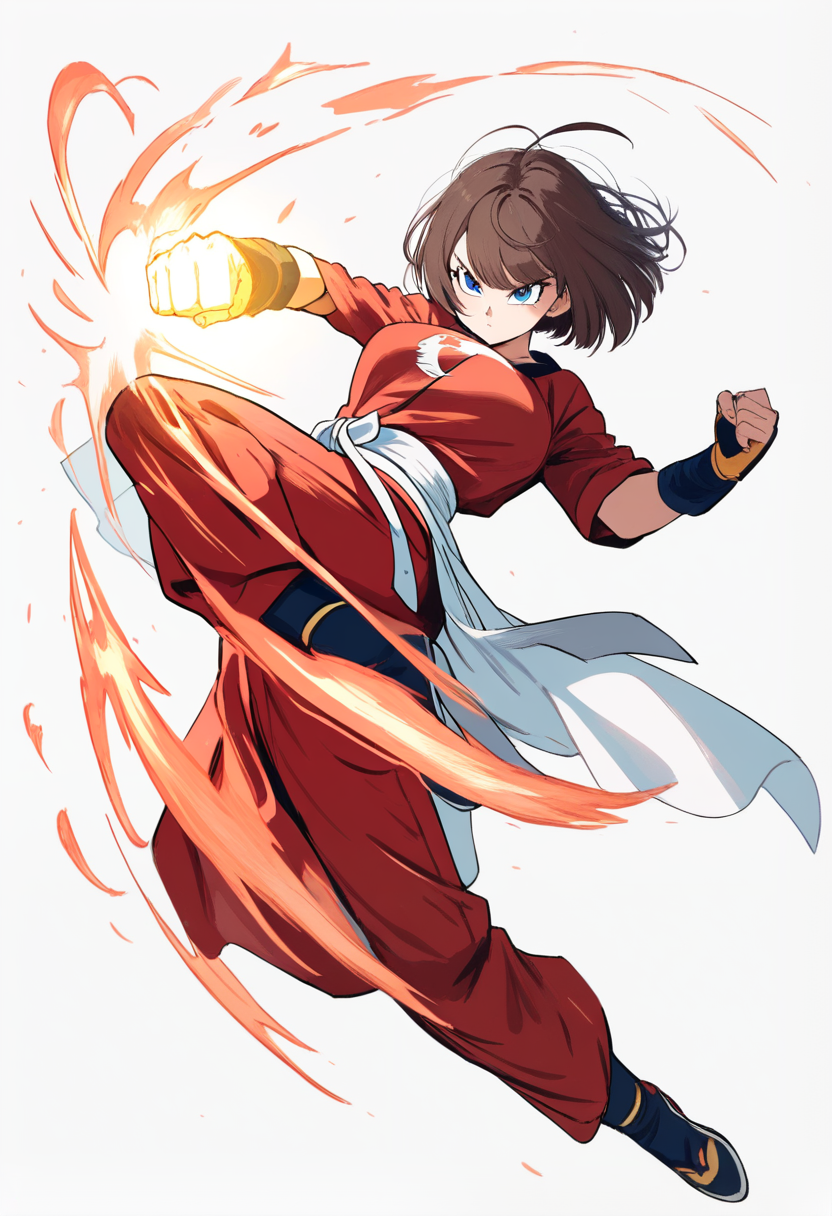 Isang super saiyan 4 warrior na may mahabang matulis na pulang buhok, gintong saiyan armor, kayumangging buntot, asul na bodysuit, malawak na combat stance