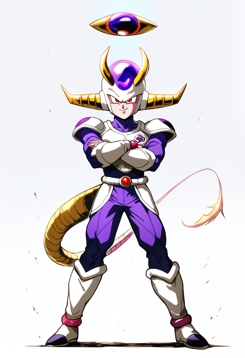 Isang namekian na may berdeng balat, mga antena, puting kapa sa ibabaw ng lilang gi na may kanji, kahel na sinturon, nakatayo na matibay
