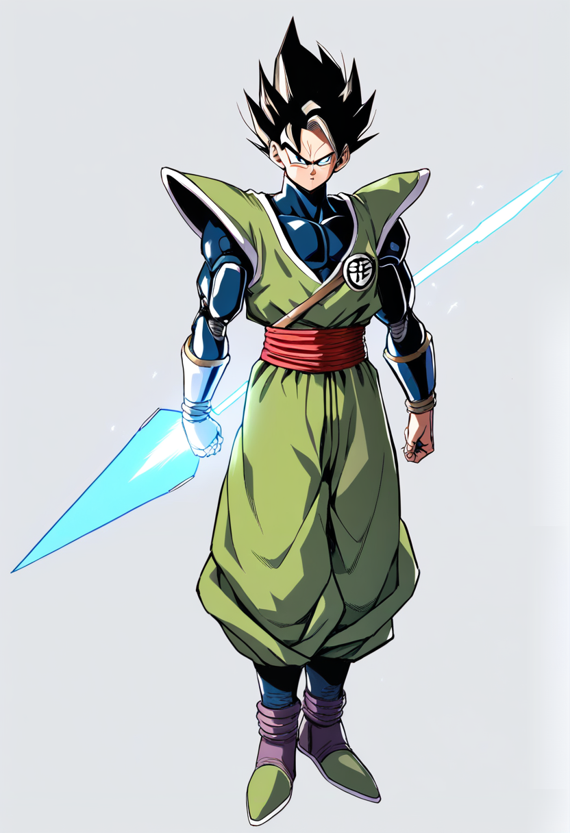 Isang super saiyan warrior na may matulis na gintong buhok, punit na lilang gi, malakas na katawan, nagpa-power up na may gintong energy aura
