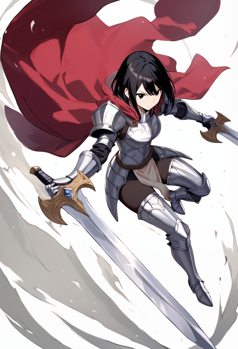 Fairy tail style, short black hair, requip knight, silver armor, red cape, dual wielding swords, action pose