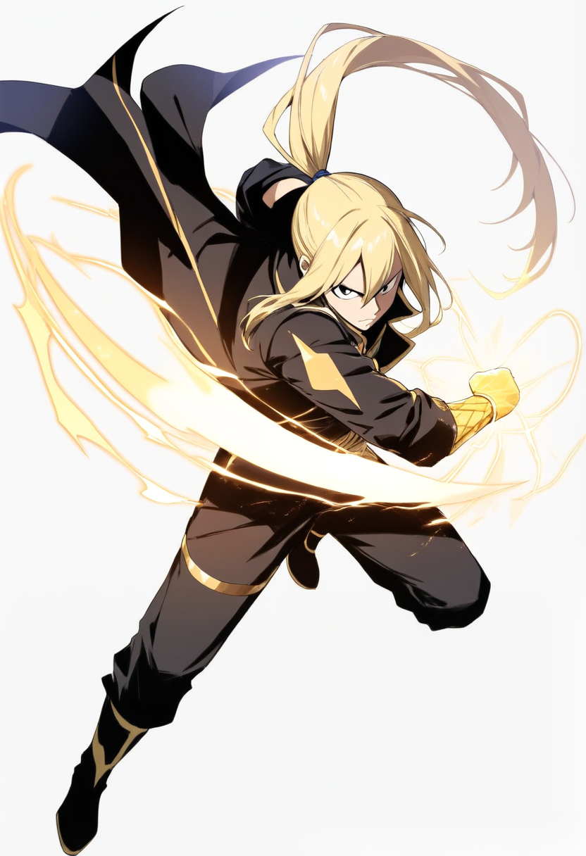 Fairy tail style, long blonde hair ponytail, lightning magic, black trench coat, yellow markings, electric sparks, cool pose