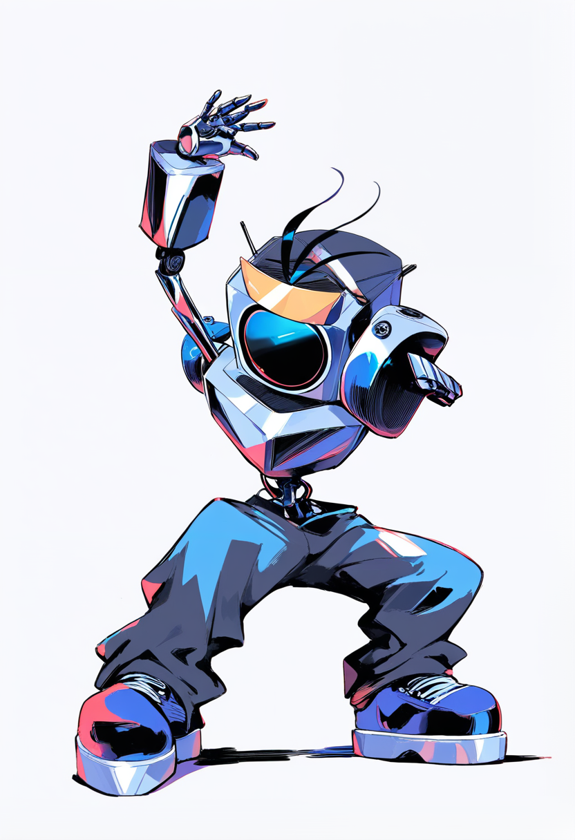 Friday night funkin, robot rapper, chrome body, LED screen face displaying smile, antenna on head, DJ turntable arm attachment, speaker chest, breakdancing pose