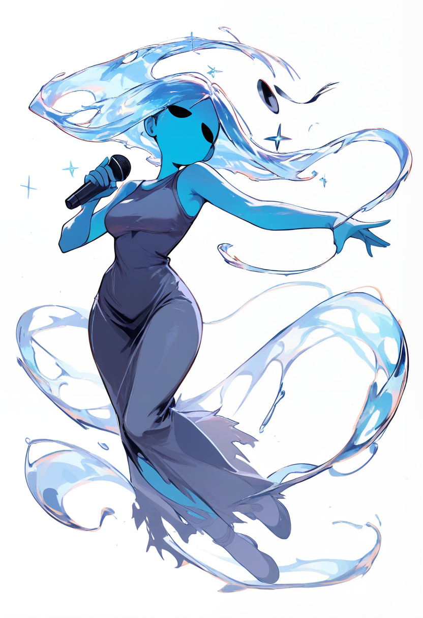 Friday night funkin, ghost rapper girl, translucent pale blue body, flowing ethereal hair, hollow eyes, tattered dress, floating microphone, singing with eyes closed, floating pose