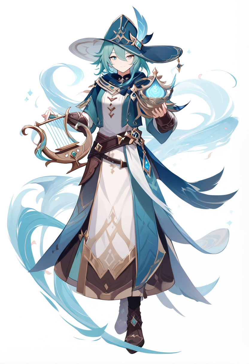 Une fille cryo aux cheveux bleu clair et cornes, tenue ornée blanche et marron avec détails dorés, accents de cristal de glace bleu