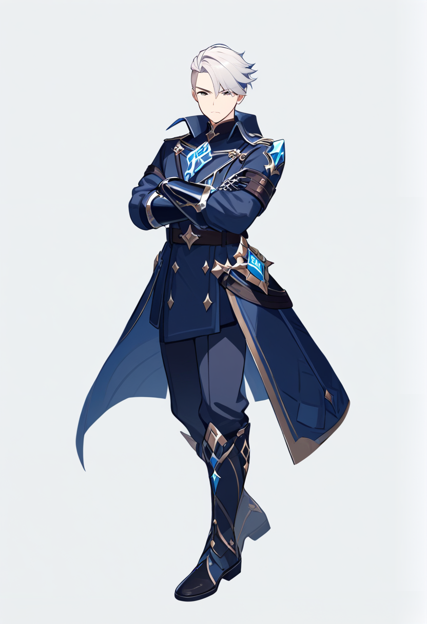 Un chevalier géo garçon aux cheveux bruns, armure ornée or et bleu marine, cape blanche, brandissant une grande lance dans une posture de combat