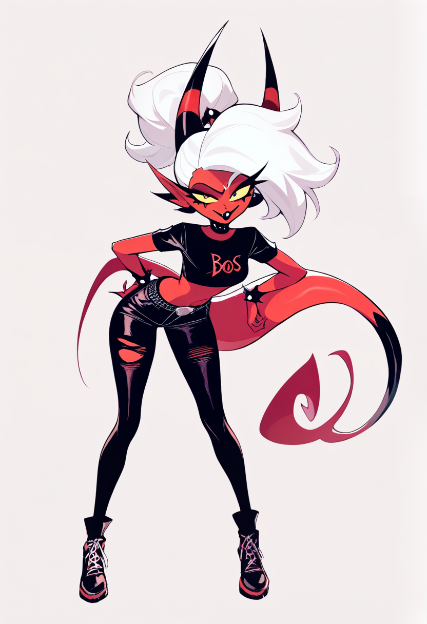 Helluva Boss imp OC in I.M.P. style work outfit
