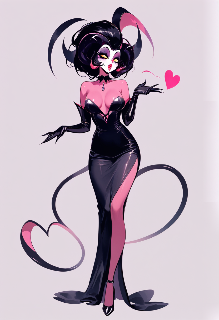 Helluva boss, succubus girl, elegant curved horns, pink skin, heart shaped tail tip, long black hair, glamorous dress with slit, elbow gloves, blowing a kiss