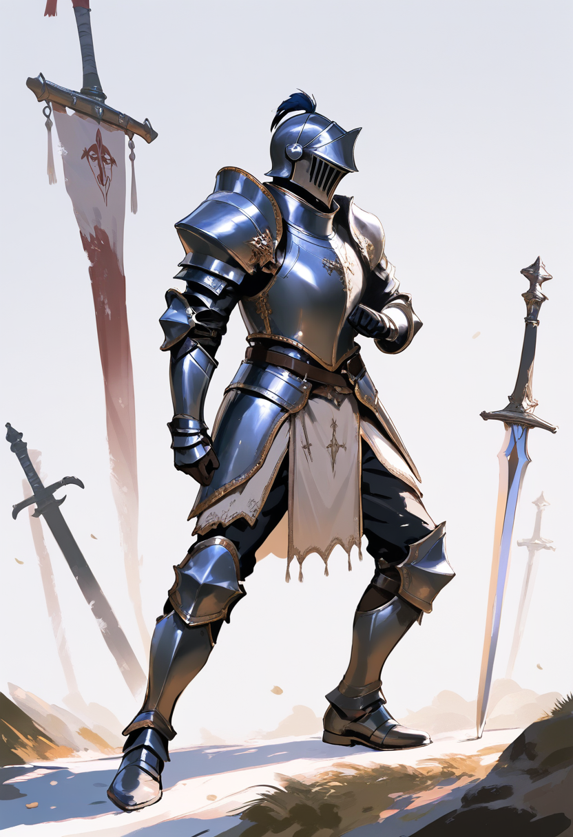 Detaillierte Illustration, malerischer Stil, Ritterrüstung, silberne und goldene Verzierungen, Topfhelm unter dem Arm, Langschwert, zerfetztes Banner, edle Haltung
