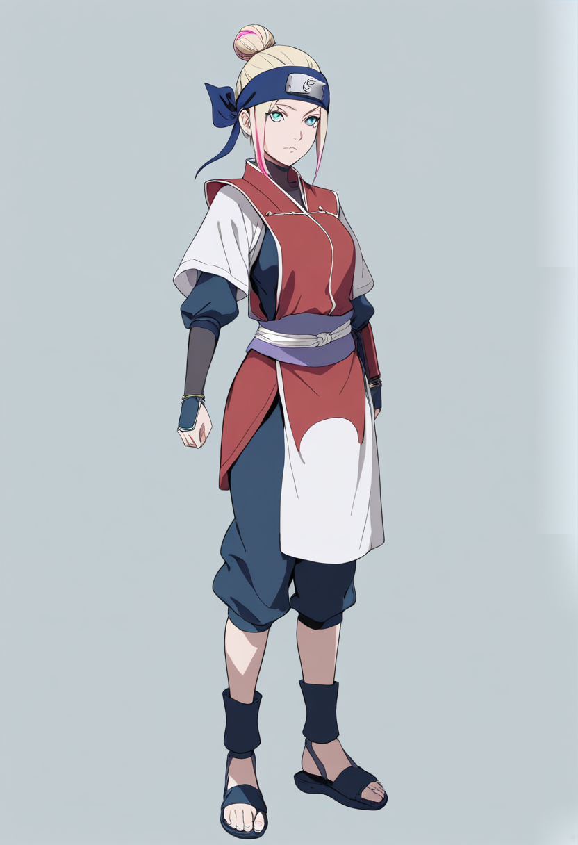 보라색 머리에 이마에 빨간 도깨비 가면의 쿠노이치, 빨간 띠의 어두운 망토, 코노하 머리띠, 손에 검