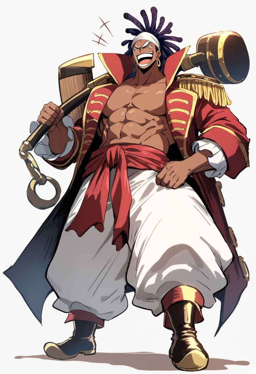 Un chirurgo pirata con cappello bianco maculato, capelli scuri, felpa gialla con jolly roger, jeans maculati, tatuaggi sulle braccia, che tiene una spada lunga