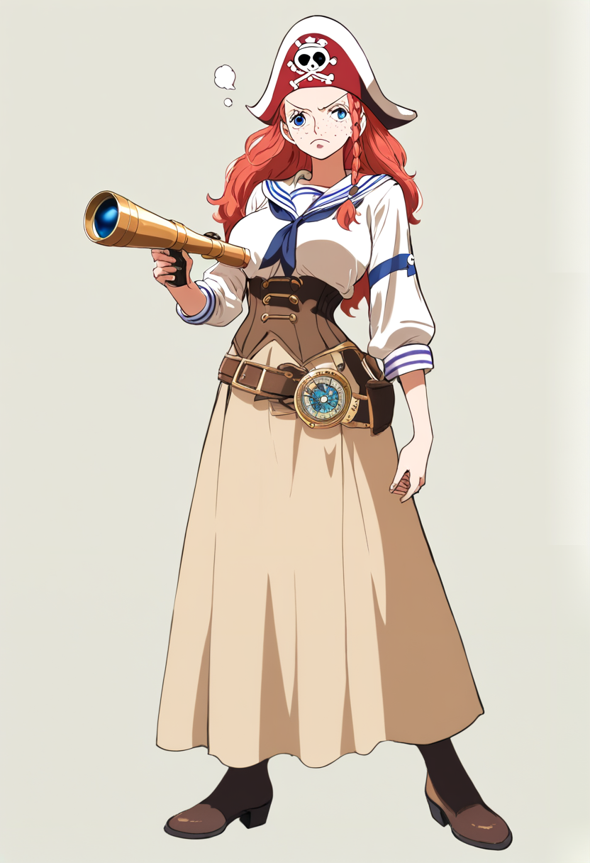 Una capitana pirata con lunghi capelli verde acqua, tricorno rosso con piuma e teschio, cappotto rosso con rifiniture dorate, posa allegra