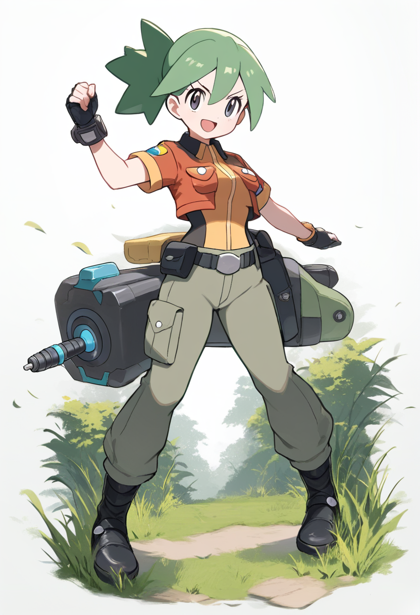 Pokemon style, short green hair, pokemon ranger, khaki uniform, styler device on wrist, grass type specialist, standing with arms akimbo