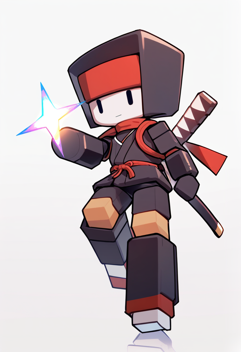 Un personnage ninja cubique avec masque rouge et noir, écharpe rouge, armure sombre, katana dans le dos, style pixel art