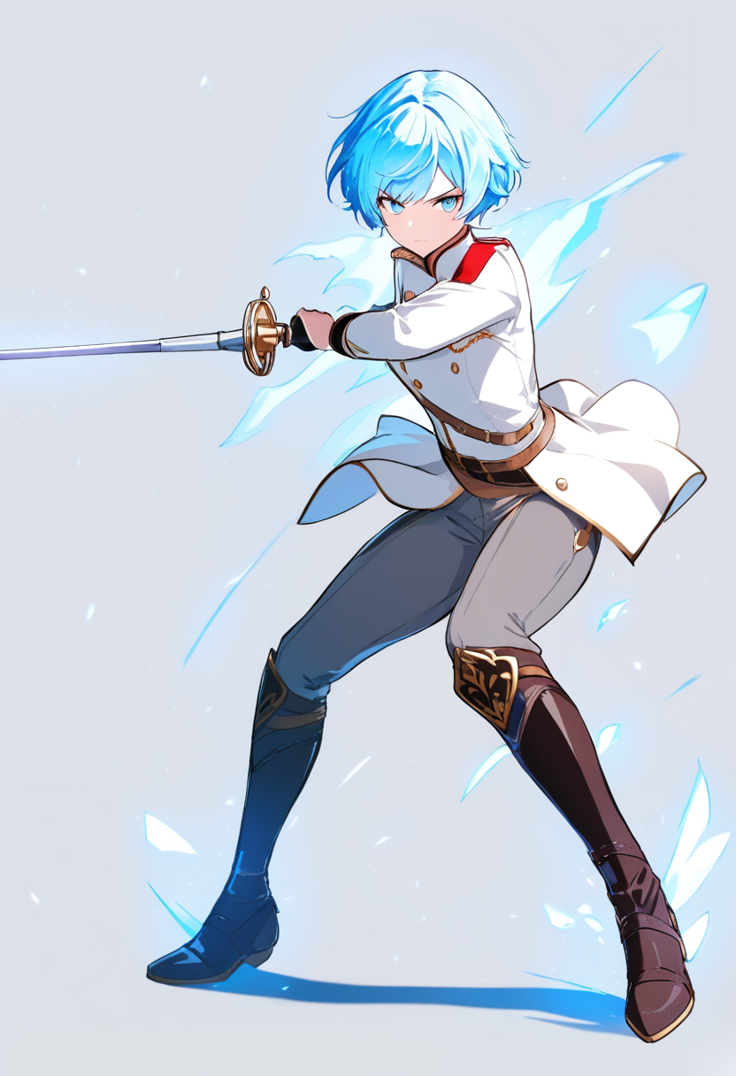 Una cacciatrice con lunga coda laterale bianca, vestito bianco con motivo fiocco di neve, occhi blu, che brandisce una rapier in postura di scherma