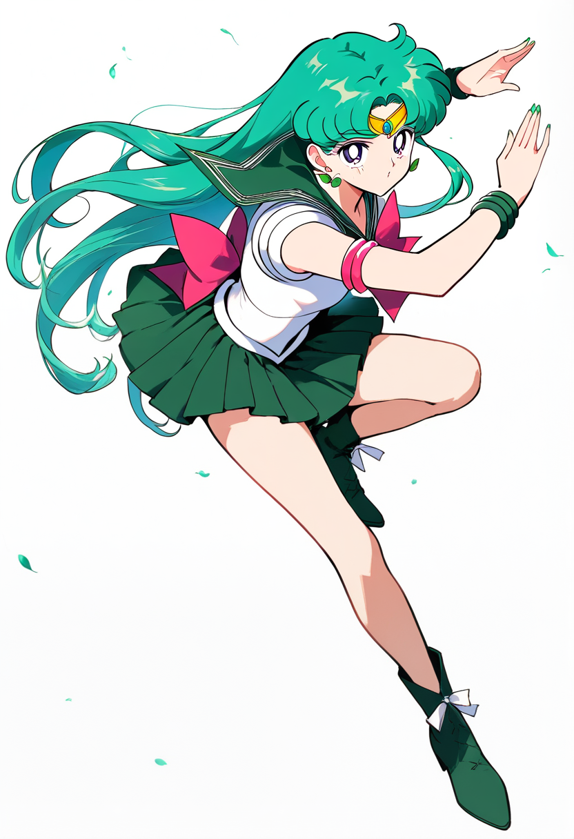 Sailor scout dengan rambut ungu gelap panjang mengalir, rok lipit merah, sepatu bot merah berhak, tiara emas, pita energi merah berputar