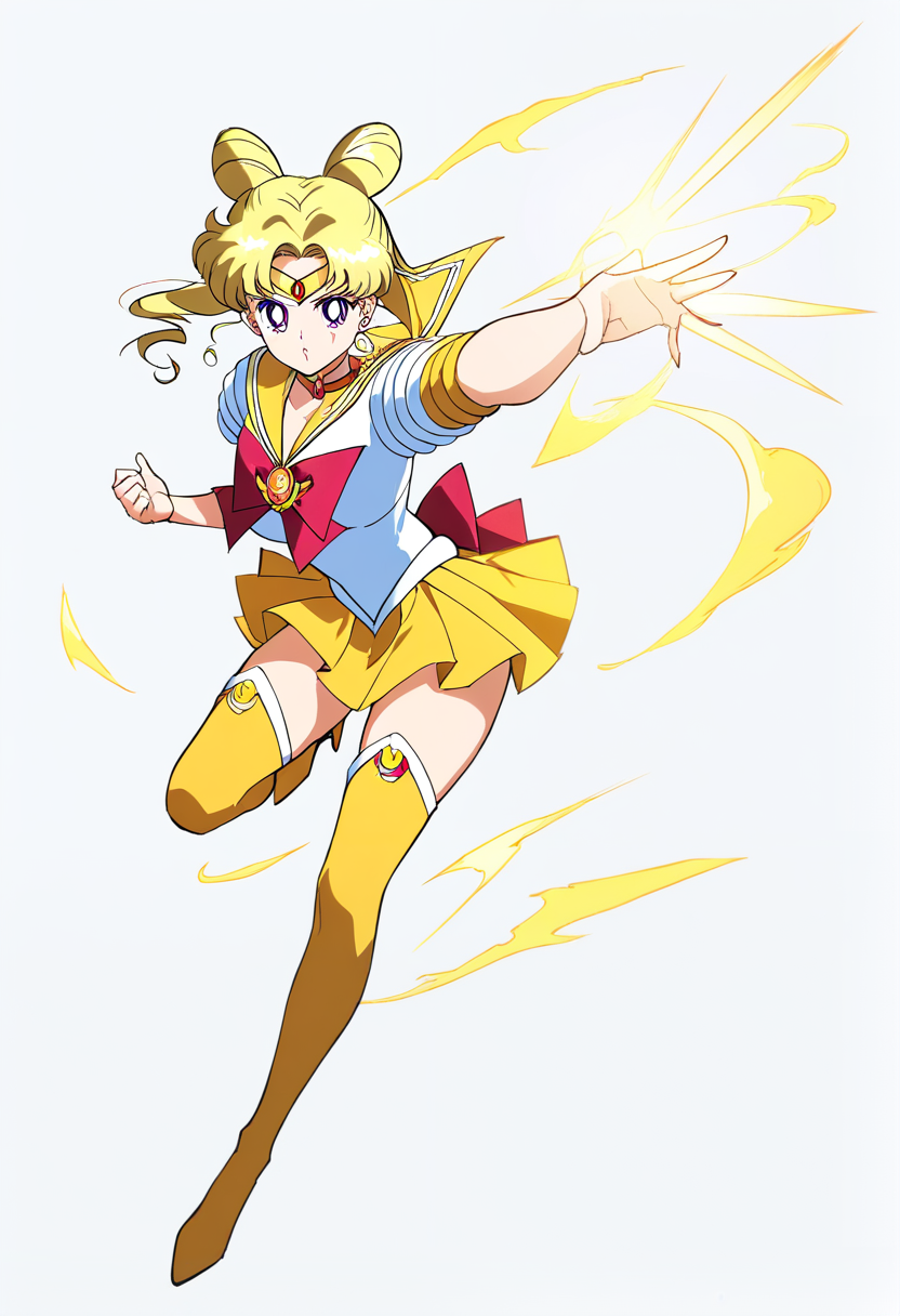 Sailor scout dengan rambut pirang pendek, rok lipit biru navy, sepatu bot biru, pita kuning, mengayunkan pedang bertatahkan permata dalam pose bertarung