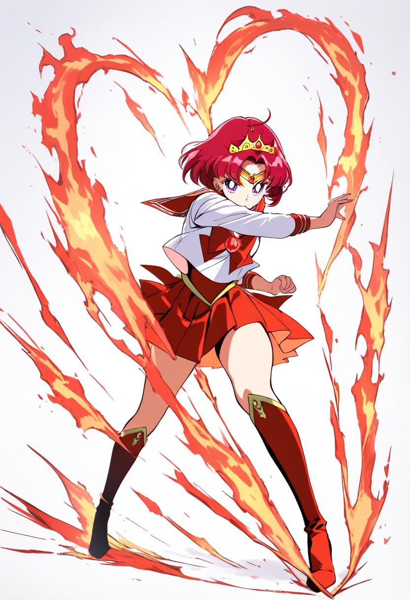Sailor scout dengan rambut twin-tail pirang panjang, rok lipit oranye, pita pink, sepatu hak merah, memegang tongkat tinggi berujung hati pink