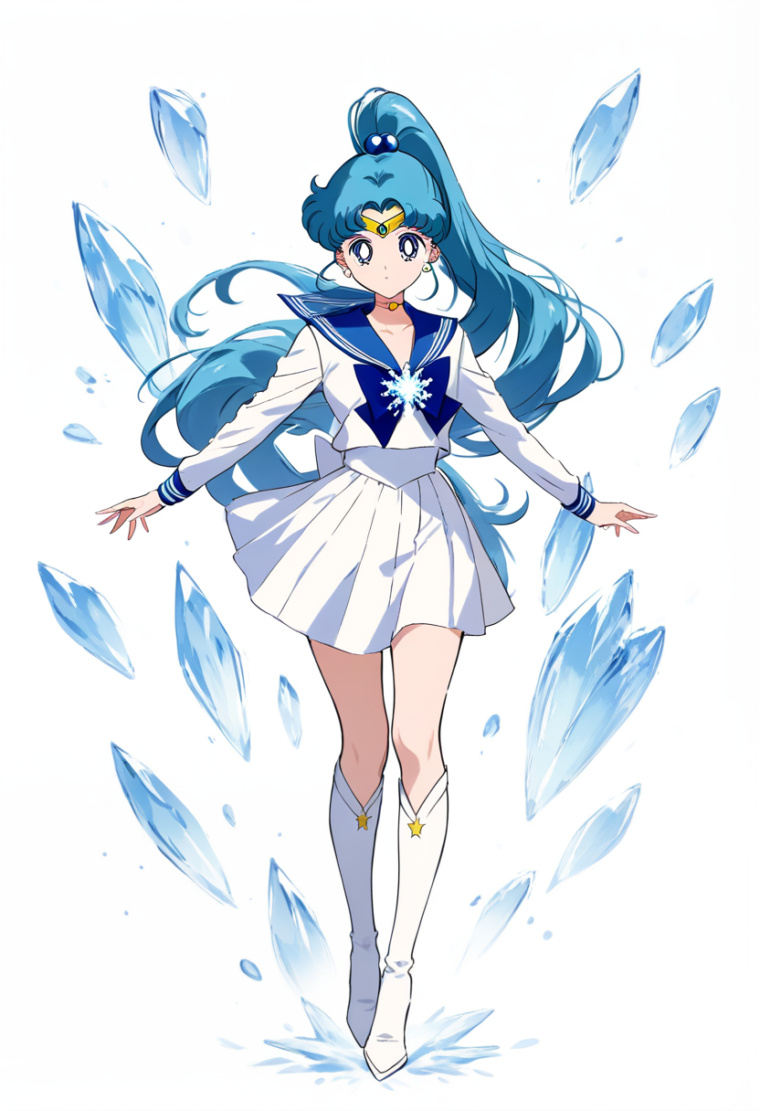 Sailor scout dengan rambut twin-tail putih panjang, rok lavender, sepatu bot merah, kerah navy, memegang tongkat berbentuk hati pink, kelopak berjatuhan
